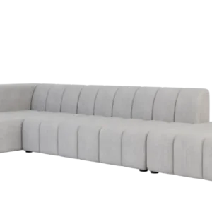 zijkant bankstel, bank grijs, grijze bank, loungebank binnen, loungebank woonkamer, 3-zits loungebank, zitmeubelen, maatwerk Nederland, lichte bank, bank met hocker, bank met hocker,