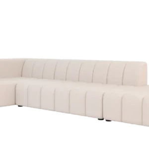 zijkant loungebank, loungebank binnen, loungebank woonkamer, 3-zits loungebank, zitmeubelen, maatwerk Nederland, lichte bank, bank met hocker, bank met hocker, japandi bank