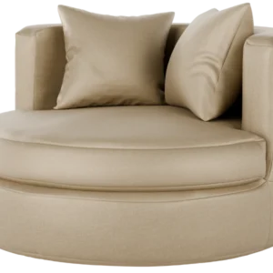 beige fauteuil, fauteuil beige, ronde fauteuil beige, beige fauteuil met armleuning,